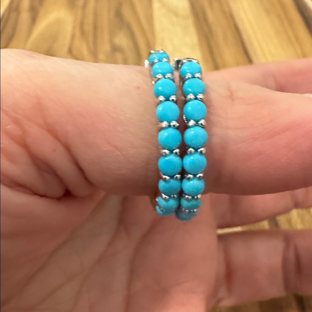 Blue Turquoise and 925 stamped Silver Hoop Earrings - Picture 4 of 6